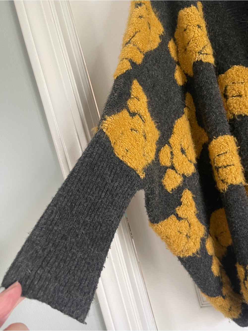 Anthropologie Charcoal Gray Open-Front Cardigan with Mustard Floral Texture - Picture 4 of 4